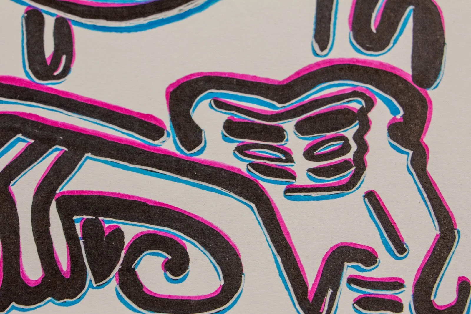 Silence’s Caesura 002 detail: cheek motif, comb-like teeth and curling ribbon lines; saturated black marks with clean light-blue and pink outlines