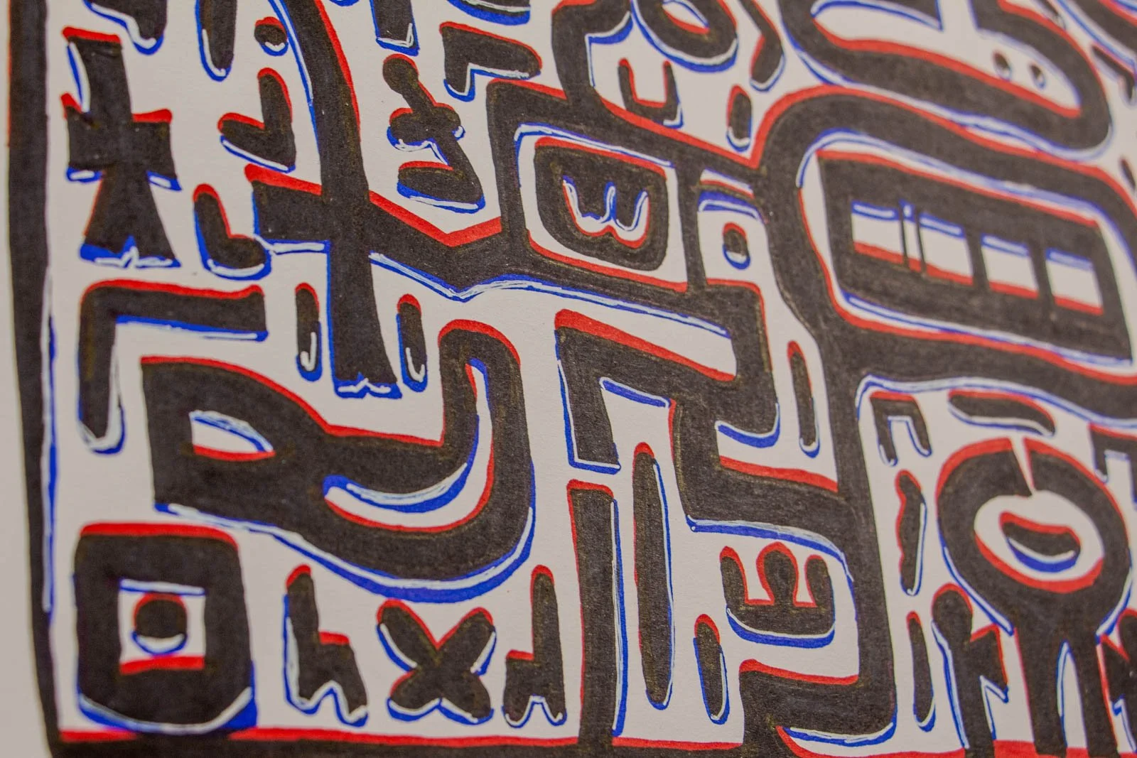 Flux Impromptu 002 detail: corner maze, branching cross and switchback channels along the border; red urgency and blue cool riding the strokes