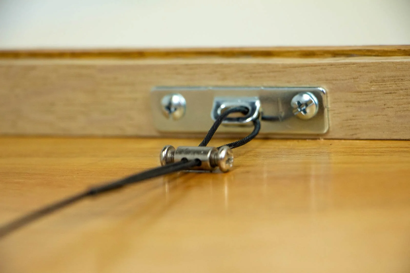 Golden Nostalgia 002 frame: hanging hardware, galvanized plate with slotted eye; black braided cable with mini-barrel clamp; clean install