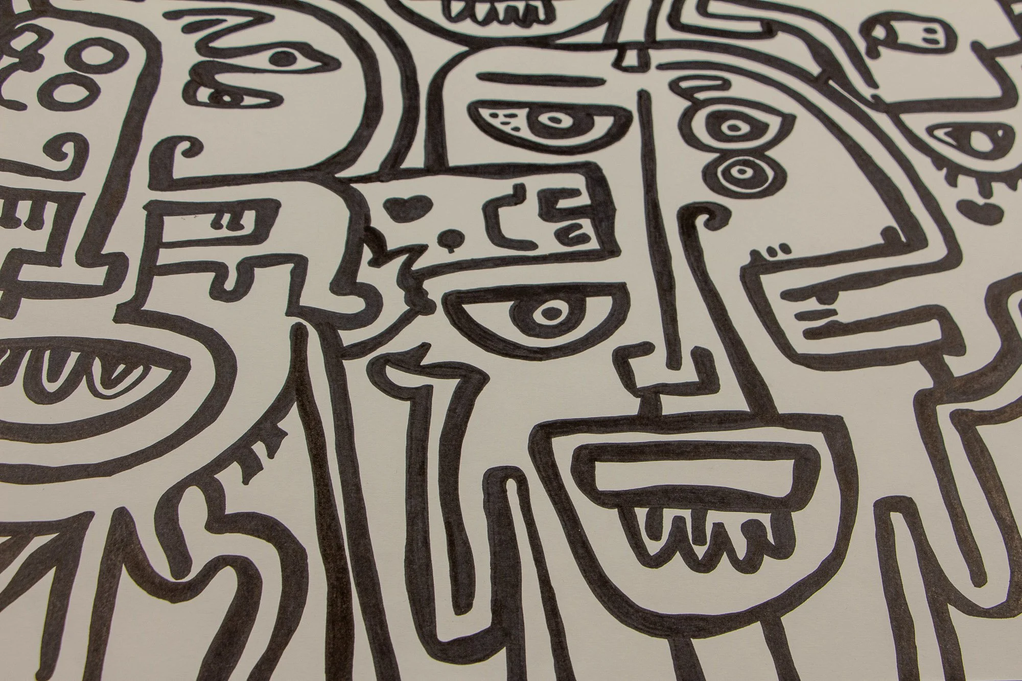 006; Elusive Cocoon 002 detail: close-up of two narrow face-like forms with heavy-lidded eyes, hanging lash-like marks, small heart-shaped symbols, and bold black contour lines on warm white paper.