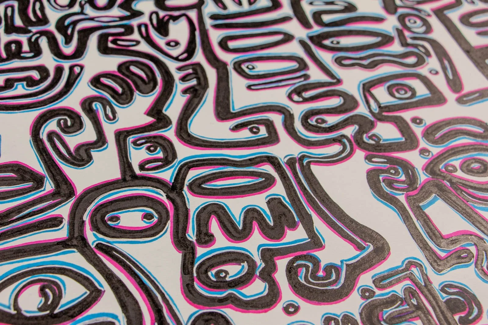 Silence’s Caesura 003 detail: same cluster from another angle, undulating paths and small spirals; glossy ink with subtle relief