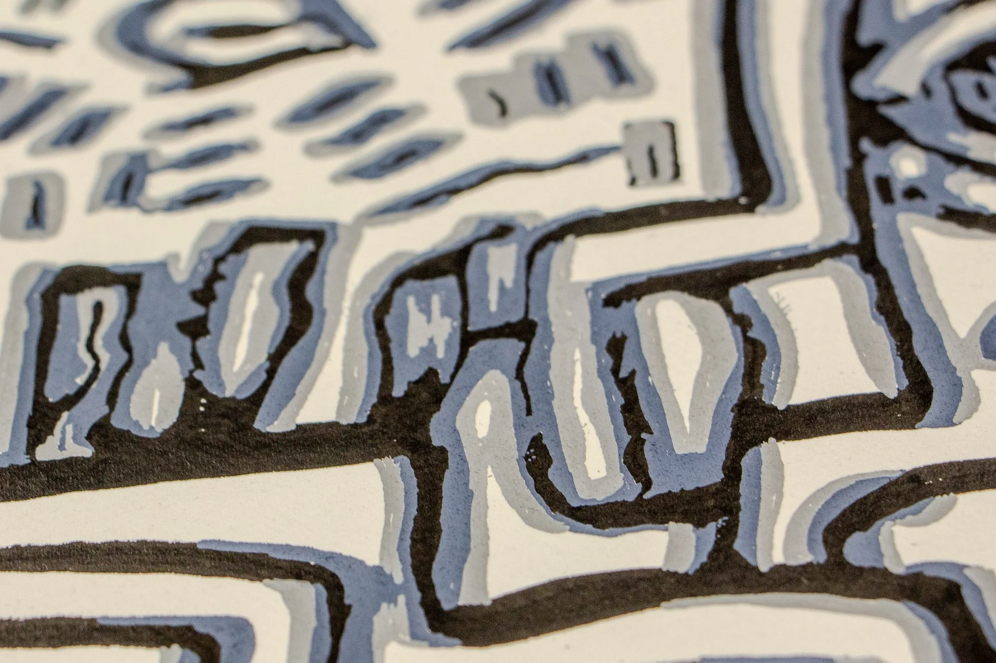 Luminous Parallax 003 detail: angled close-up of lower facial planes and adjacent eye forms, where thick black contours and grey offsets create a restless, doubled reading.