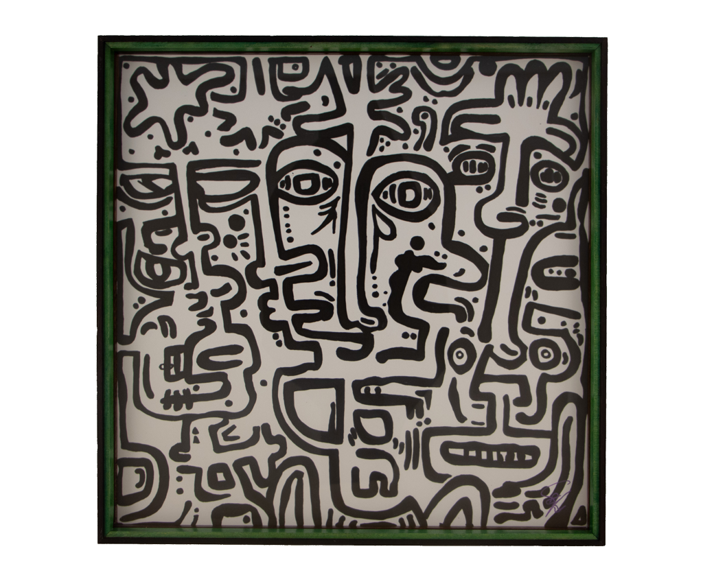 Within the tangle, quiet logic appears. Formless Equation: Artwork 001; ink on paper; oak frame with a wengé edge; violet & green. Borderlines Labyrinth by Stefan Knuist | Variété.ist.