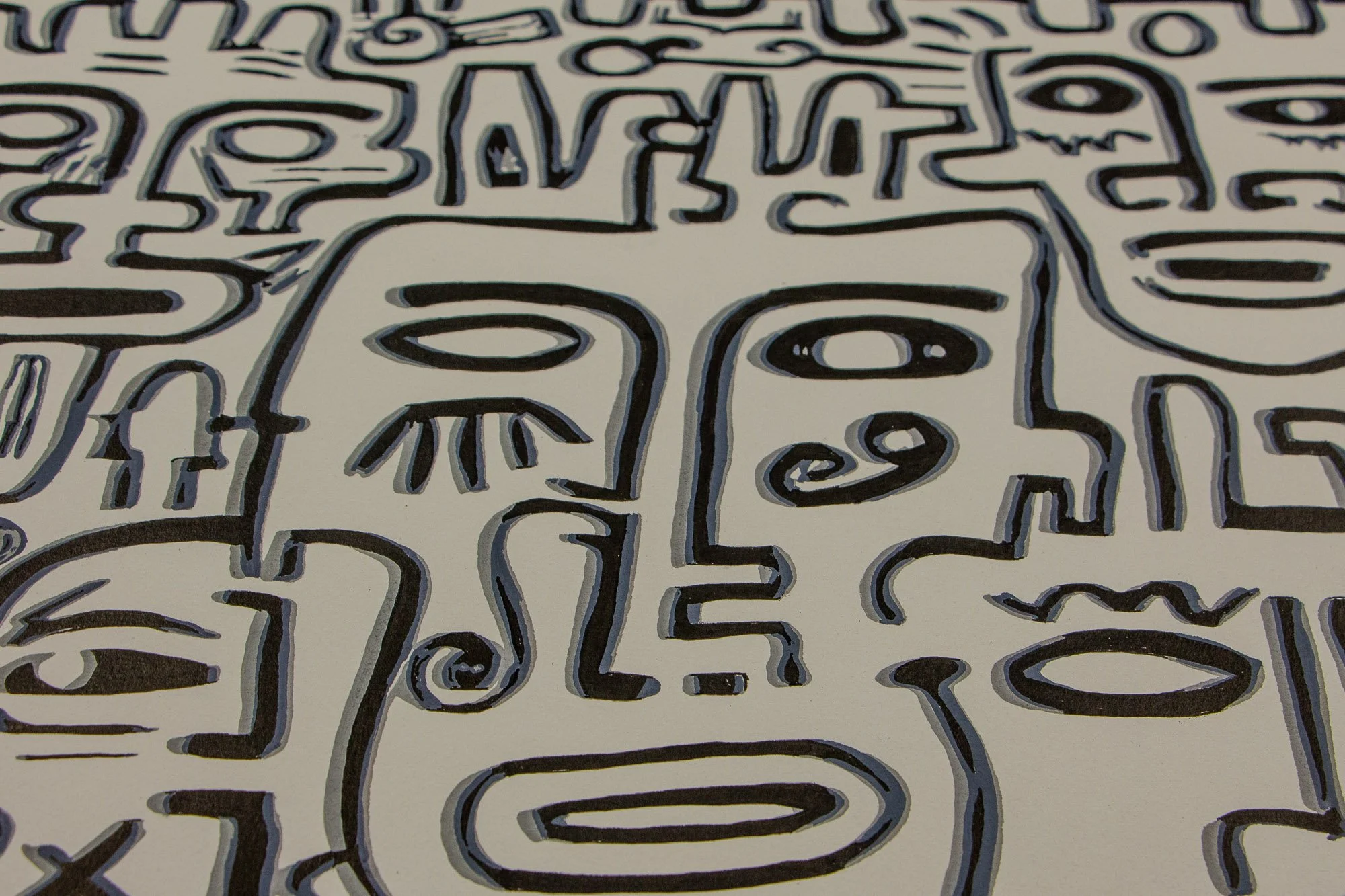 Luminous Parallax 002 detail: close-up of a central divided face in black and grey, with one lowered eyelid and one open eye, surrounded by adjacent facial fragments that shift between portrait and pattern.