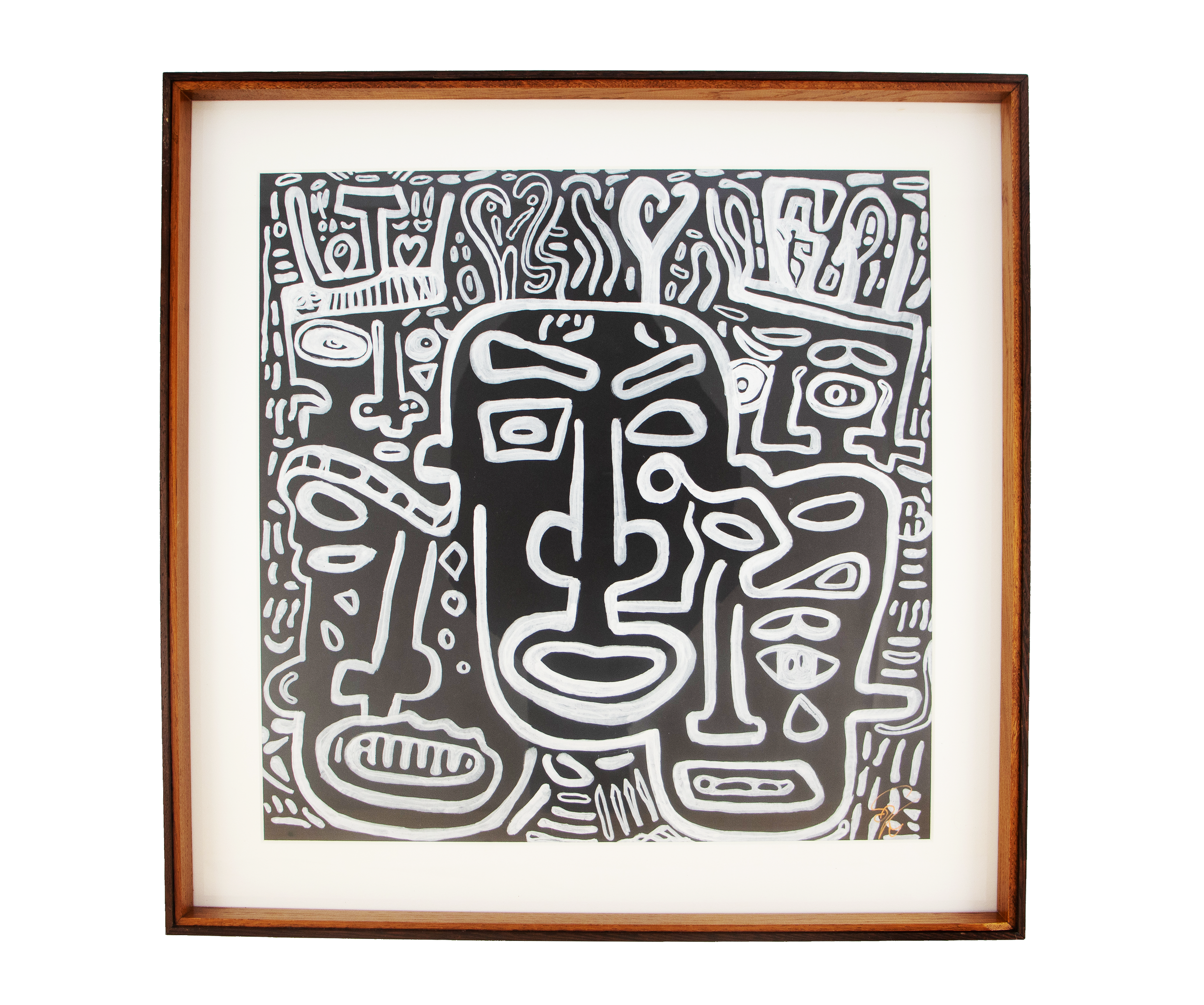 Anger tightens the field; pressure gathers and scrapes against the surface. Metamorphic Entwining: 001; ink on paper; oak frame with a subtle wengé edge; frame accent: cherry.