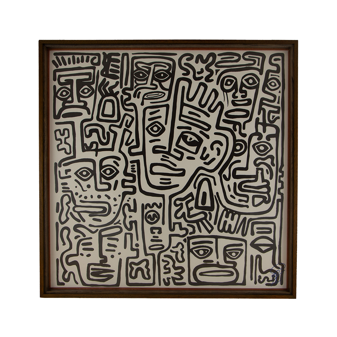 Resonant Syntax 004; black ink on paper; layered mahogany-and-oak frame in a green, granada, and red sequence.