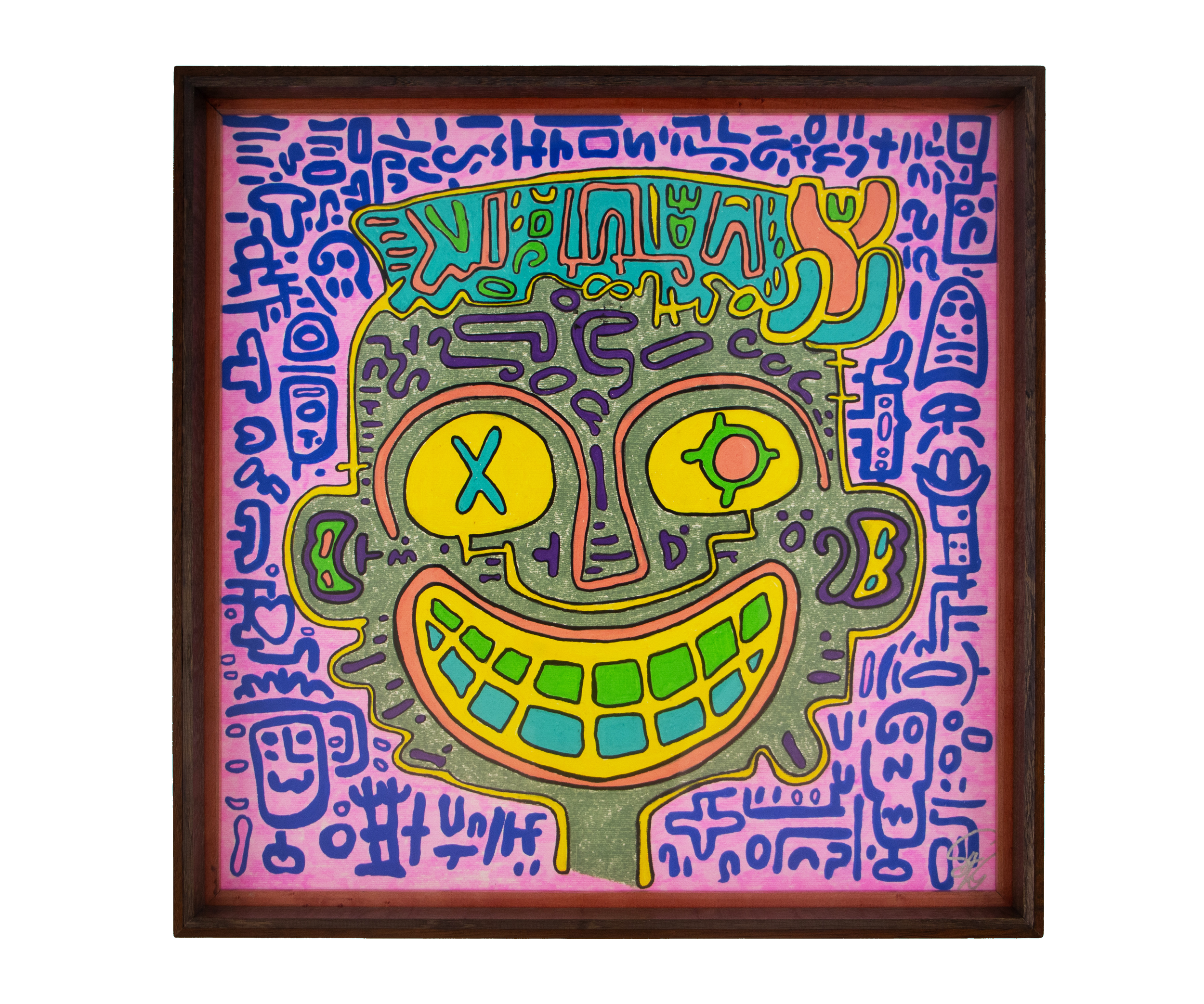 A smiling olive-green face with yellow eyes and a yellow-green mouth on pink and blue. Unseen Signifiers 007; colorful composition; layered wooden frame.