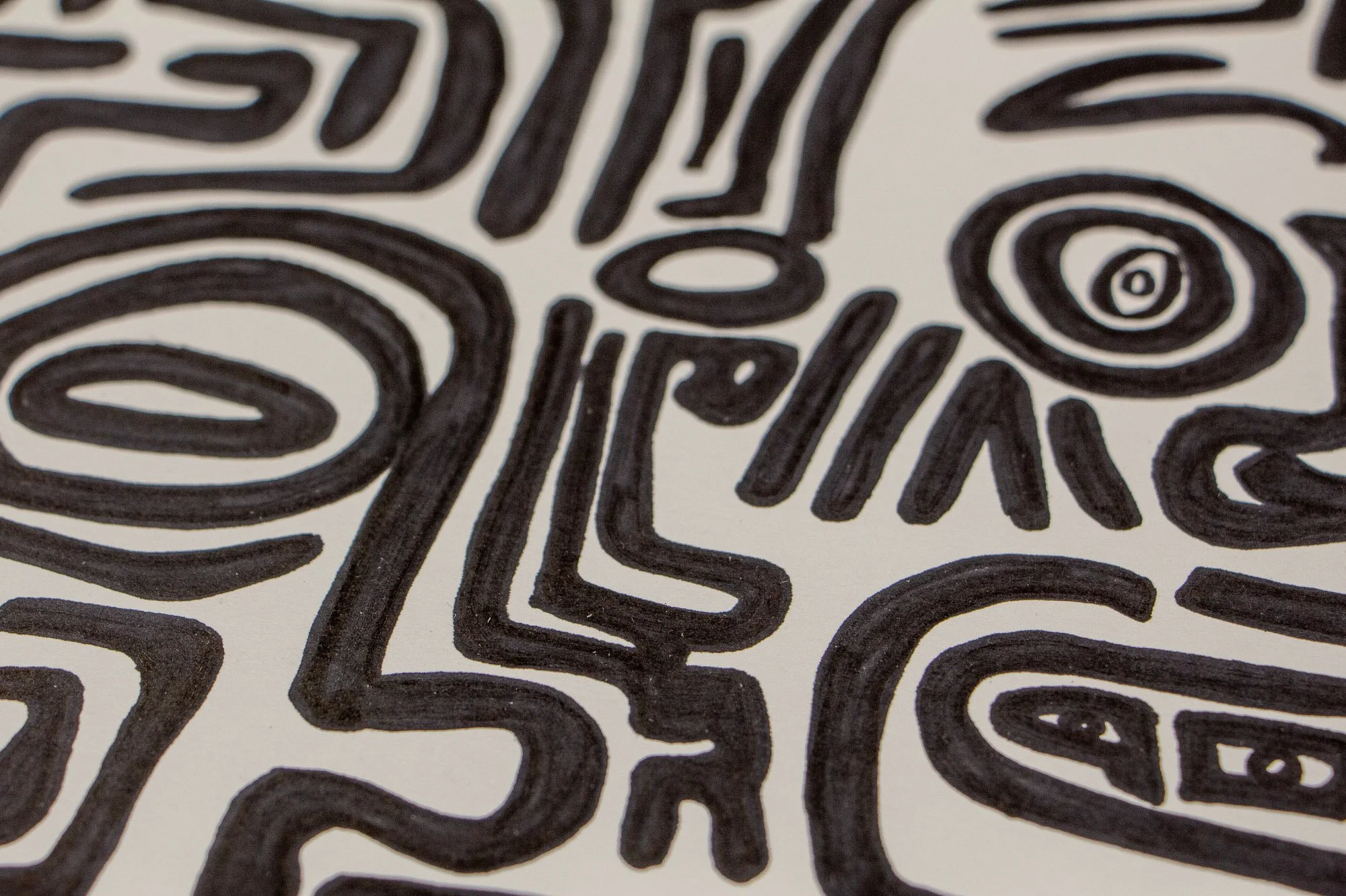 Mêlée of Discovery 004: detail of vertical marks, an exclamation-like symbol, and circular eye forms, showing the artwork’s graphic tension and visual repetition.