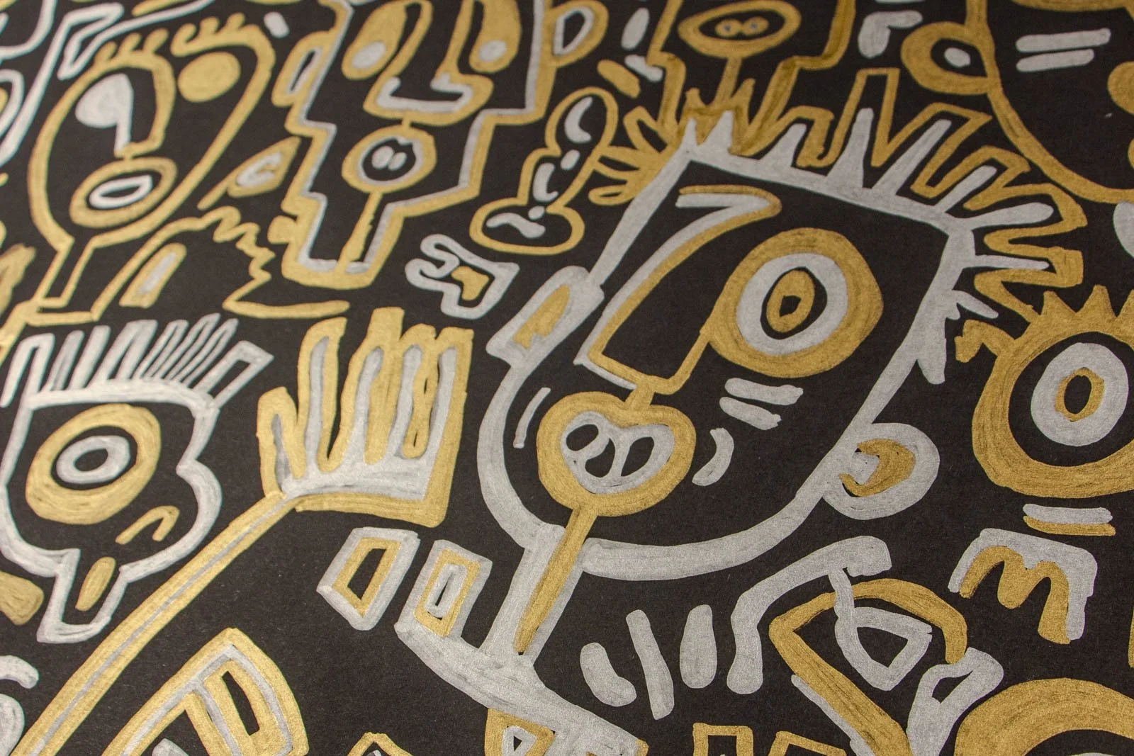 Golden Nostalgia 001 detail: angled close-up, spiky-haired figure with raised hand; interleaved outlines and tiny speech-mark forms