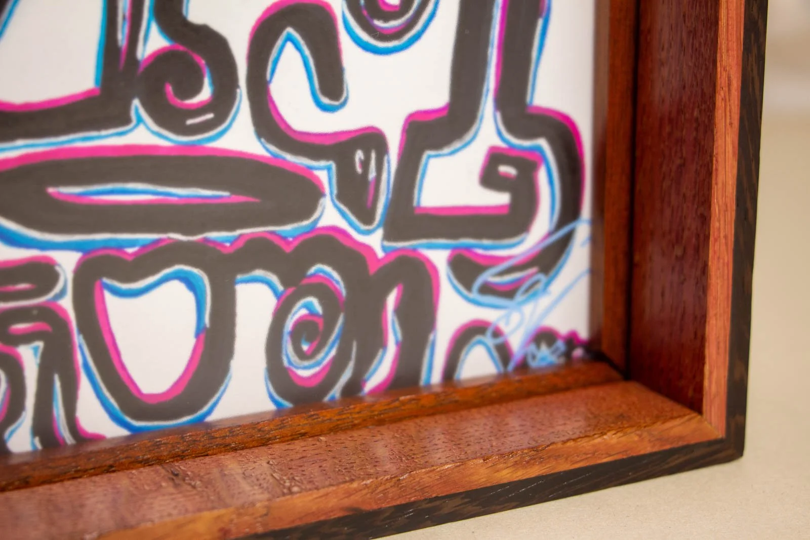 Silence’s Caesura 003 frame: signed sight corner, lower-right inner rabbet with mahony liner; artist’s signature sits just behind the glass