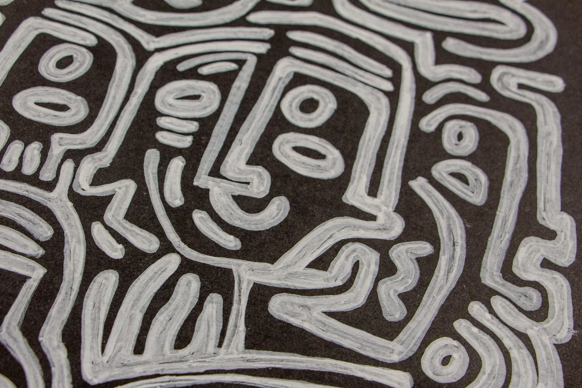 Mêlée of Discovery 005: close-up of a side-profile face-like form with a long nose, oval eye, and open mouth shape, rendered in soft white linework on black