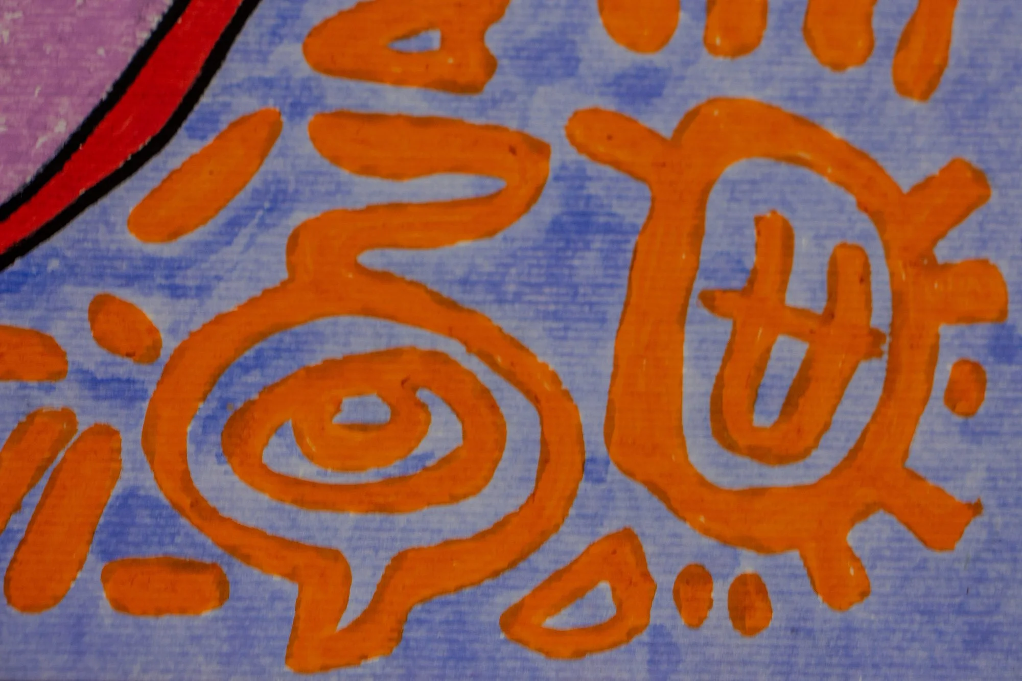 Unseen Signifiers 010 artwork detail: close-up of the pale blue background filled with orange symbolic motifs, emphasizing the layered brush texture and the rhythmic, hand-drawn line work.