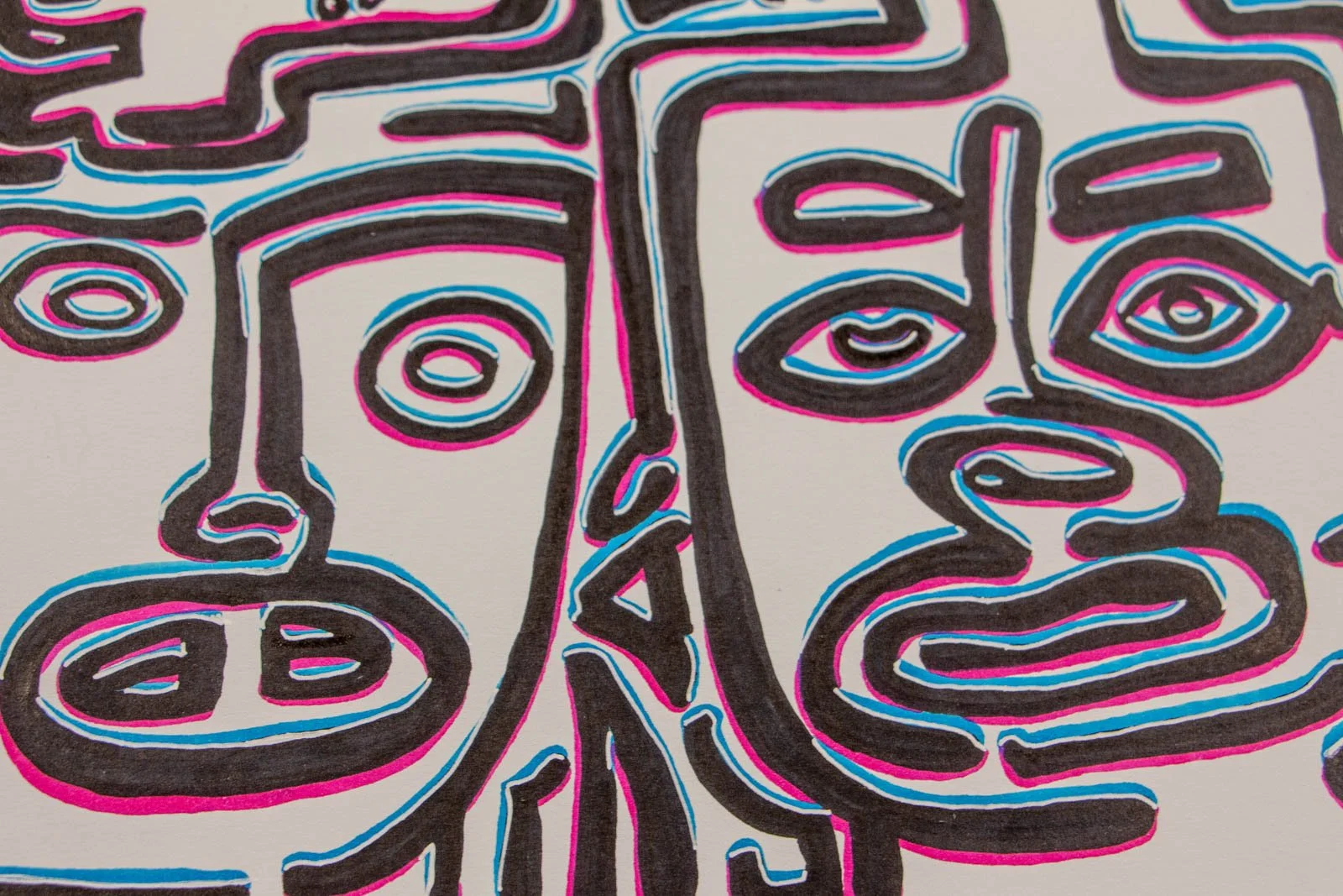 Silence’s Caesura 001 detail: two masks side-by-side, ringed eyes and pill-shaped mouths; thick black strokes with layered cyan/pink shadows