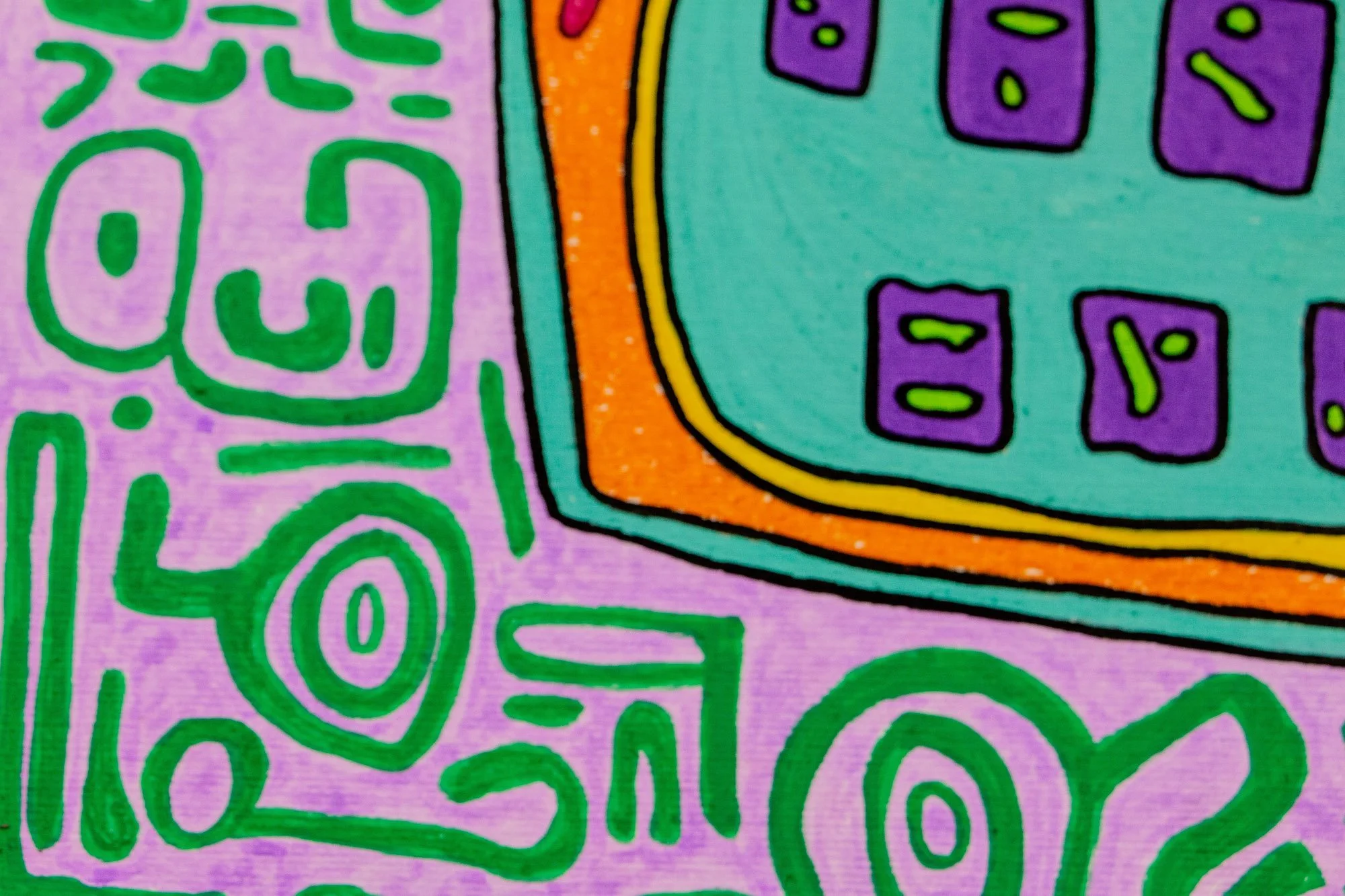 Unseen Signifiers 002 detail: edge detail where the lilac background with green glyph-like forms meets the orange face and turquoise mouth area.