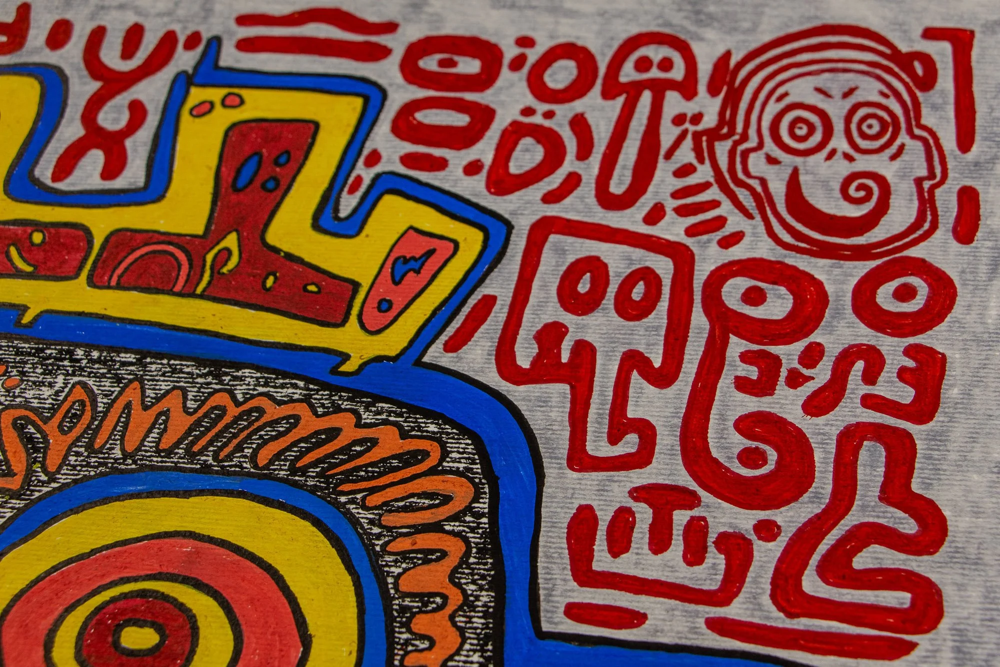 Unseen Signifiers 003 detail: upper-right section of the composition, with red symbols, a ghost-like figure, and a spiral-faced head gathered beside the crown and blue face outline.