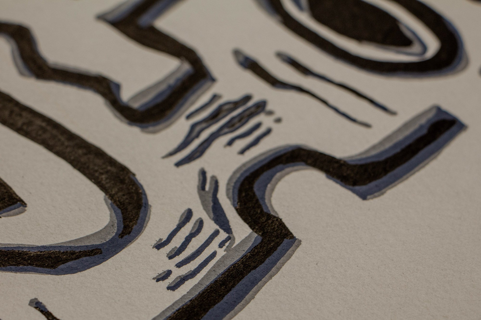 Luminous Parallax 002 detail: extreme close-up of black contour lines and grey accent strokes on white paper, focusing on the vibrating edge where figure begins to dissolve into abstract notation.