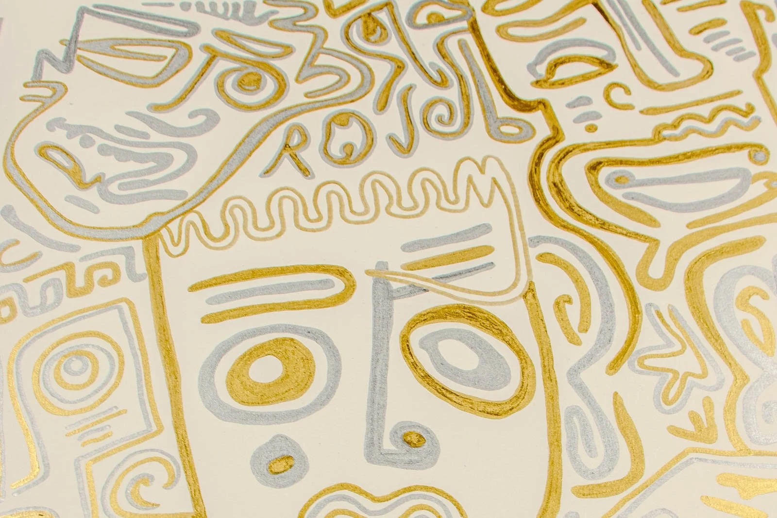 Golden Nostalgia 002 detail: close crop, crowned head; gold rides a silver underlayer; micro-sparkle where ink pools