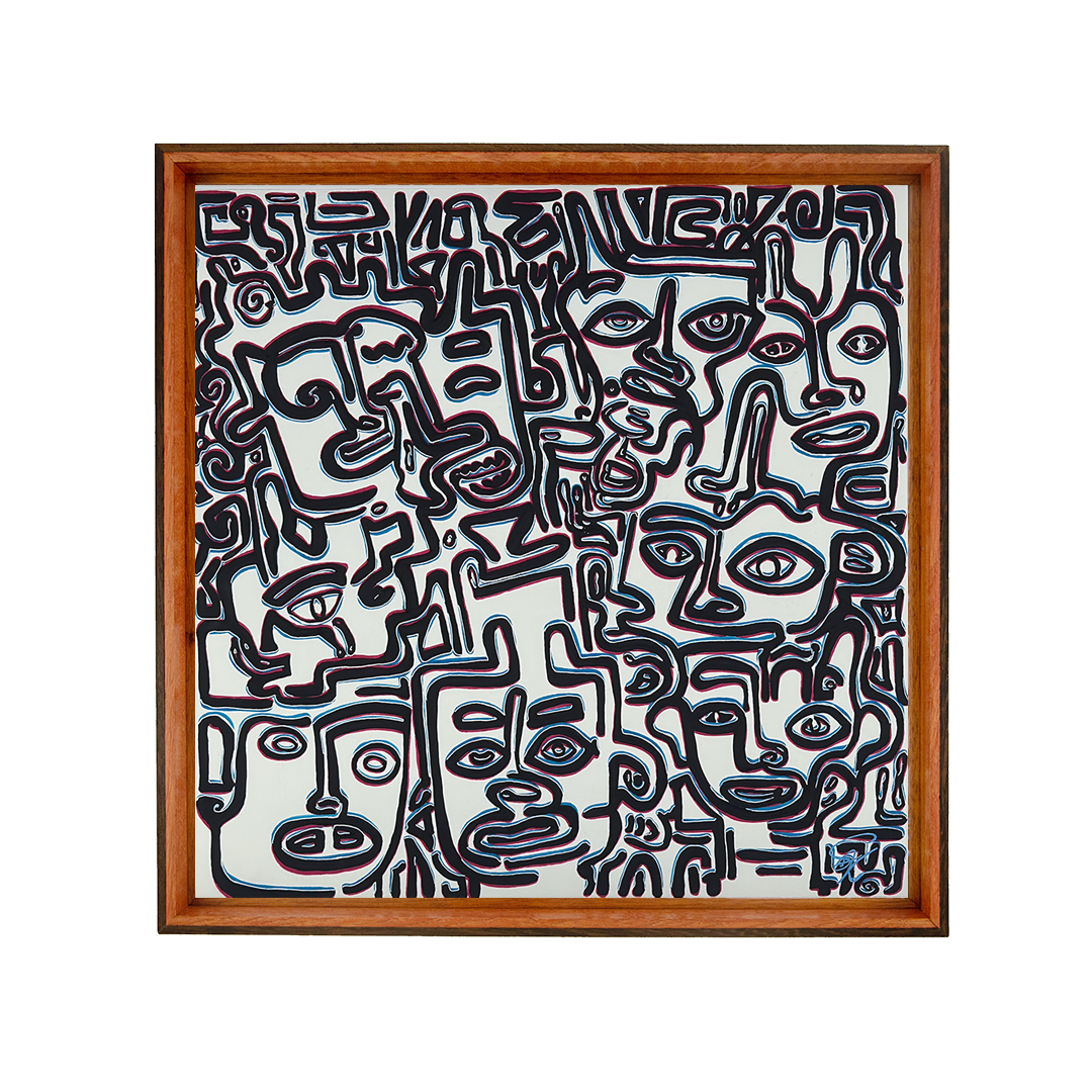 The crowd speaks without sound; faces stack and loop until tension loosens into patterned calm. Silence’s Caesura: 001; ink on paper; floating mount; oak–mahogany–wengé frame with soft pink-blue inner edge; pink & blue offsets.