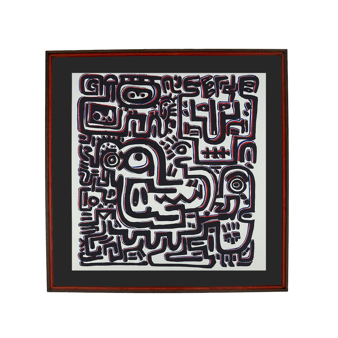 Impact arrives first; the mind turns sideways and the grin holds tension in place while the lines keep moving. Flux Impromptu: 001; ink on paper; floating mount; oak–walnut–beech frame with Granada-red inner edge; red & blue offsets.