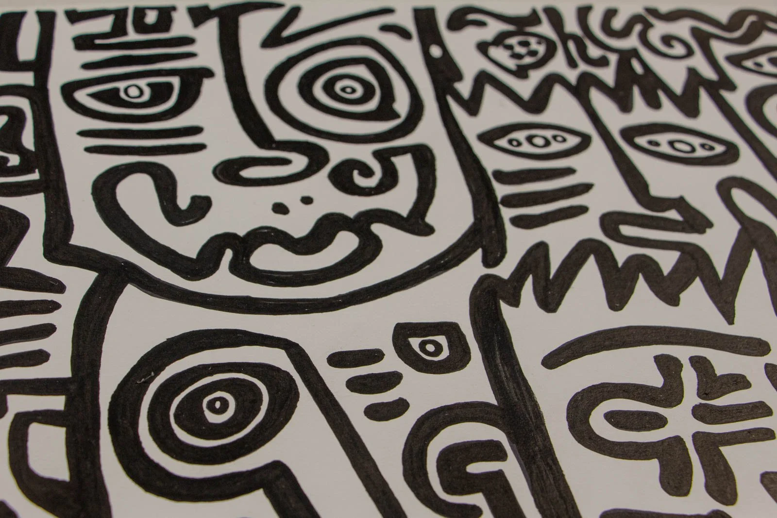 Formless Equation 004 detail: bold face contour with round eye and wavy mouth, dense line rhythm, ink on paper