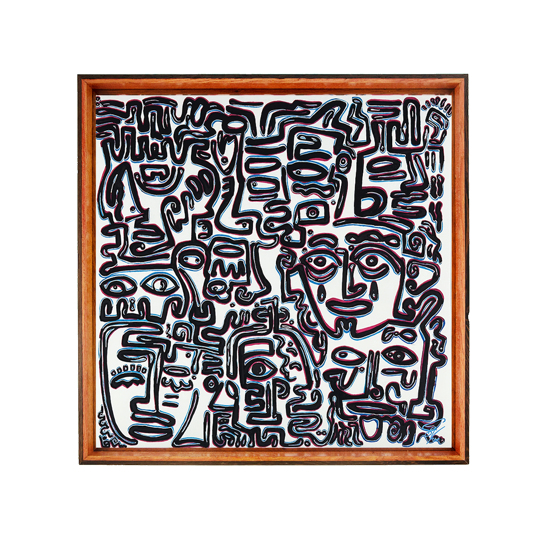 Gentleness stays present with pain; a tear-lined face meets the gaze and the maze softens without force. Silence’s Caesura: 003; ink on paper; floating mount; oak–mahogany–wengé frame with quiet pink/blue inner lip; pink & blue offsets.