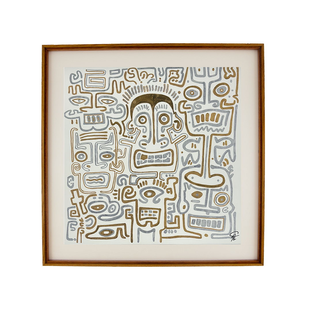 Integration forms quietly. Golden Nostalgia: Artwork 003; ink on paper; stratified oak frame with a mahogany detail; gold & silver