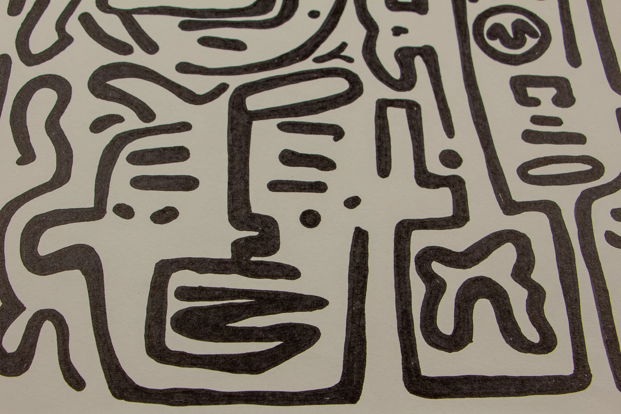 Resonant Syntax 004 detail: frontal close-up of a vertical mask-like form, with a long face, three horizontal mouth bars, dotted accents, and a compact symbol enclosed beside it