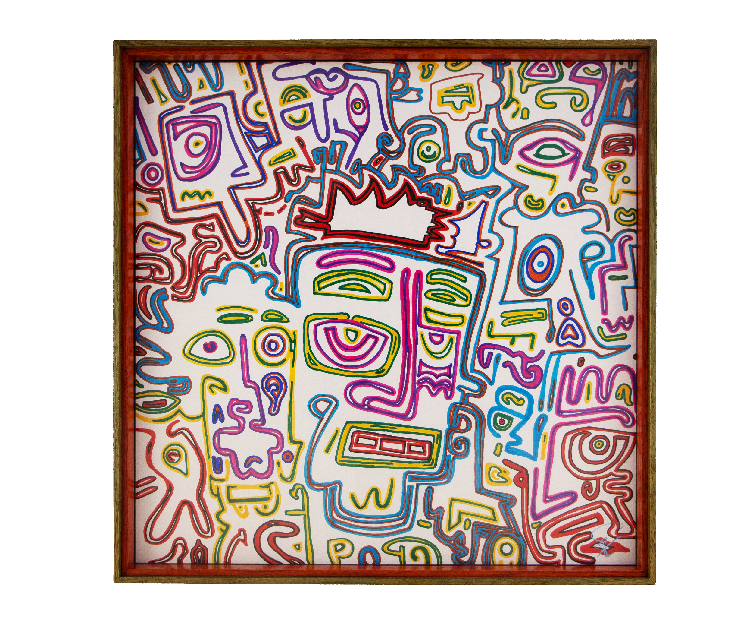 Eclipsing Gravitas 001; multicolored line drawing on white paper; layered oak-and-mahogany frame with green-toned oak and a red inner accent.