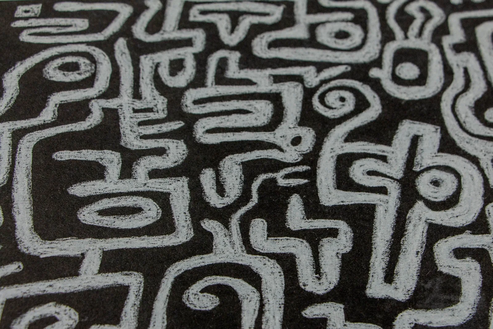 Synaptic Mythos 001 detail: tight knot of crosses, spirals and seed-eyes; close-packed contours pinch into small eyelets; layered chalk builds a soft ridge at the crossings