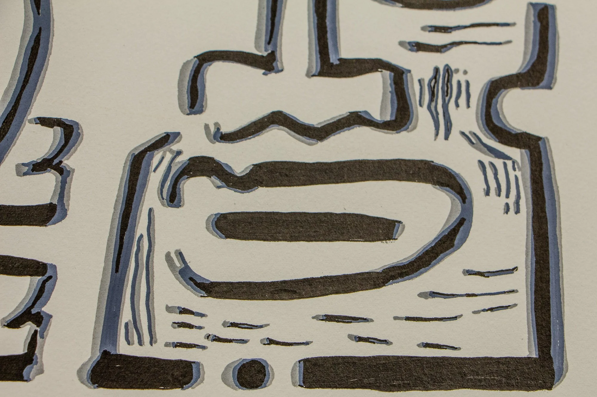 Luminous Parallax 002 detail: close-up of a lower facial section with a broad oval mouth and short hatch-like marks, emphasizing the graphic tension between contour, shadow, and blank paper.