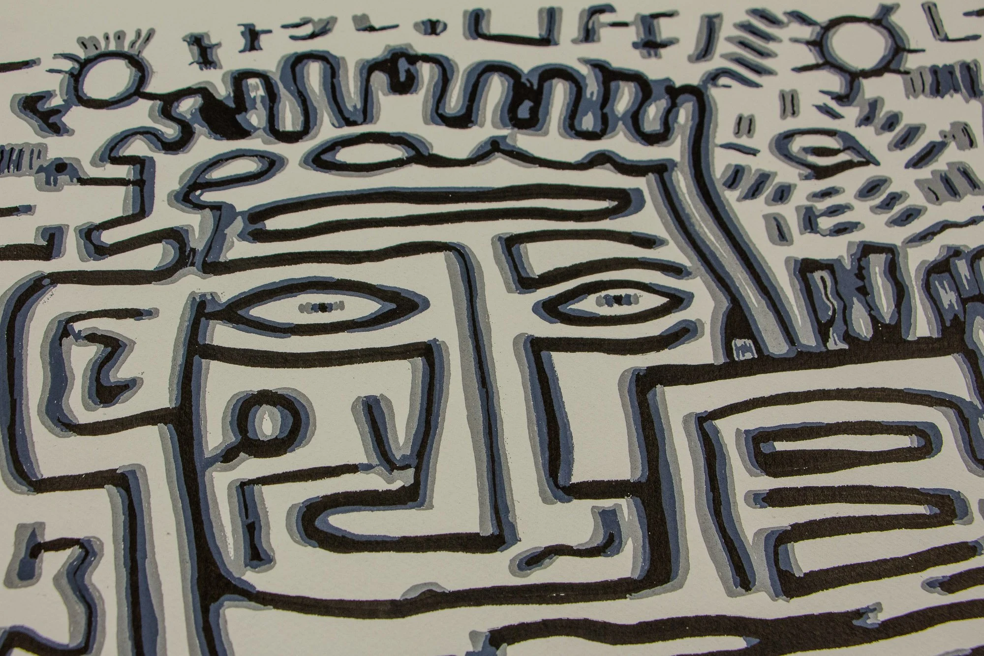 Luminous Parallax 003 detail: angled close-up of curved bands, facial fragments, and small signs, where the image hovers between profile, architecture, and symbolic notation.