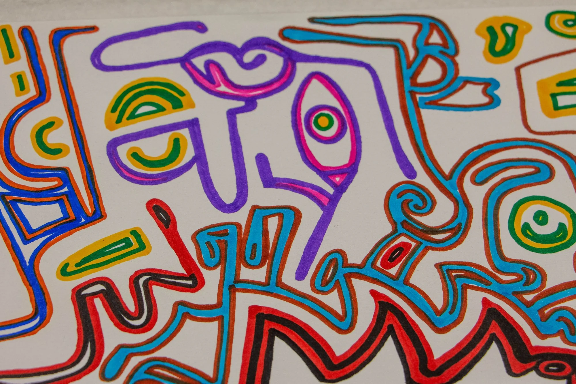 Eclipsing Gravitas 001 detail: close-up of a purple face-like figure with a large vertical eye, green and yellow features, and red-black zigzag forms beneath, surrounded by blue and brown curving lines.