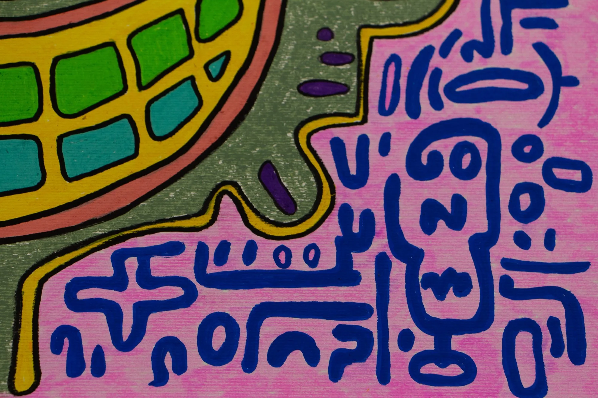 Unseen Signifiers 007 detail: close-up of blue linear motifs on the pink ground near the lower-right edge of the olive-green face shape and the curved yellow outline.