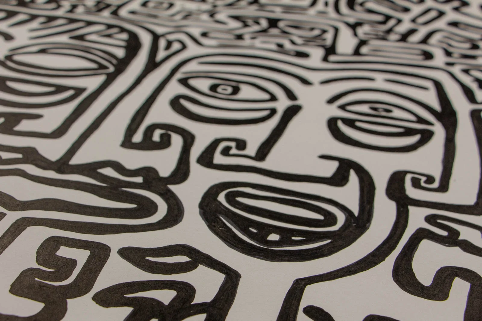 Formless Equation 003 detail: maze-like abstract forms with square eye symbol and tapered curves, ink on paper