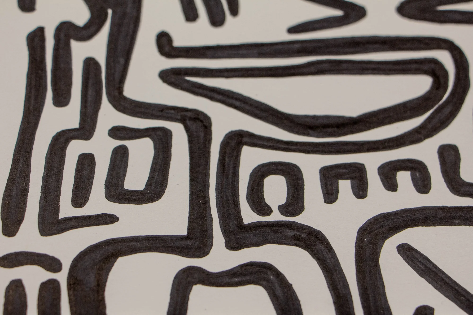 Mêlée of Discovery 004: close-up of a face-like form with a single eye, boxed symbols, and dense contour lines that shift between figure and pattern.