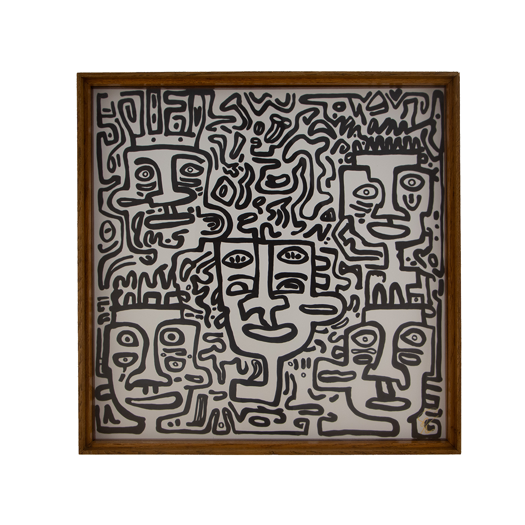 The composition feels layered and watchful, as though self-judgment remains present while a gentler way of seeing slowly emerges alongside it. Veiled Alchemist: Artwork 003; framed monochrome artwork on paper