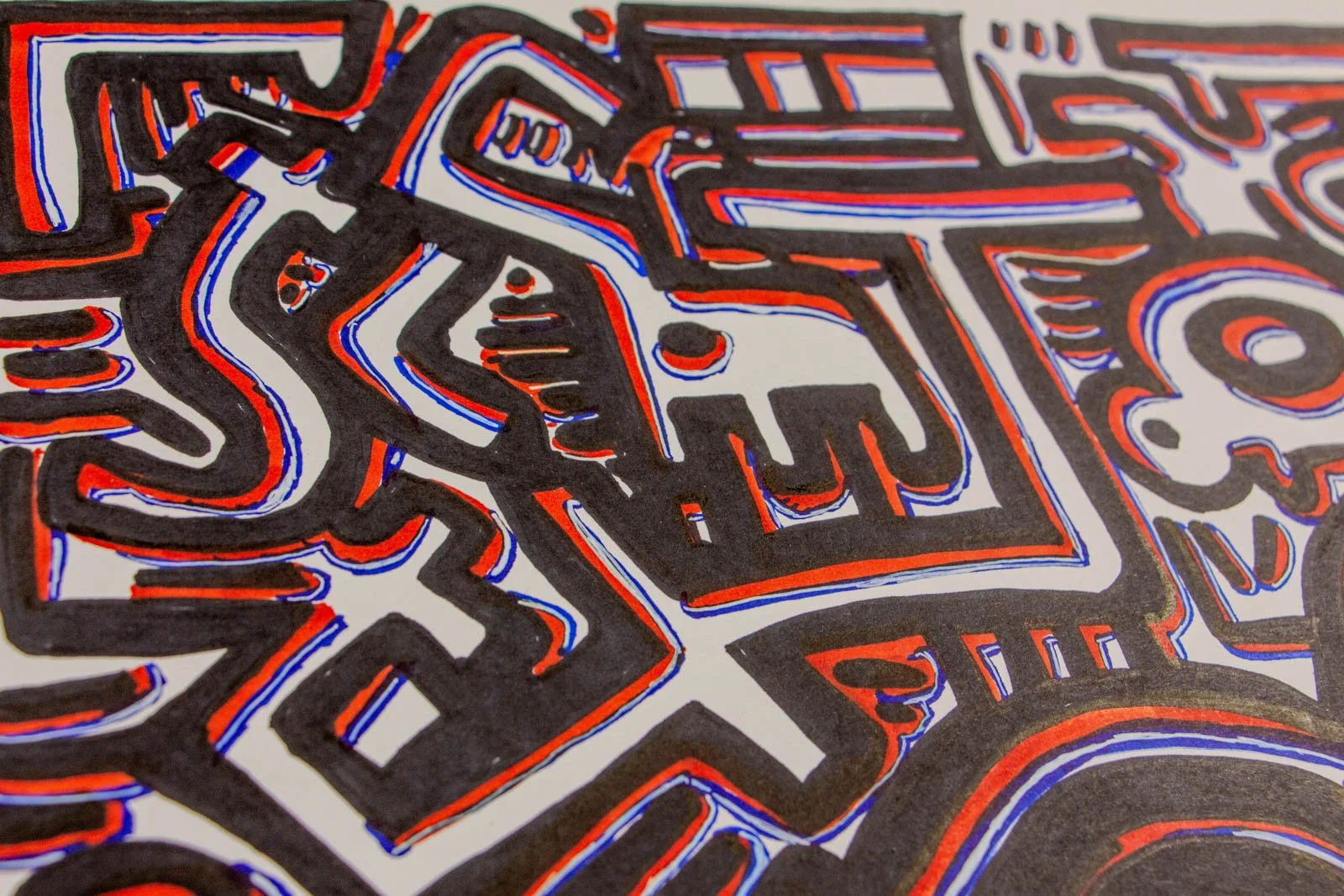 Flux Impromptu 003 detail: stepped geometry, ladder ticks, window rectangle and zigging paths; interlocks of black with red urgency and blue echo