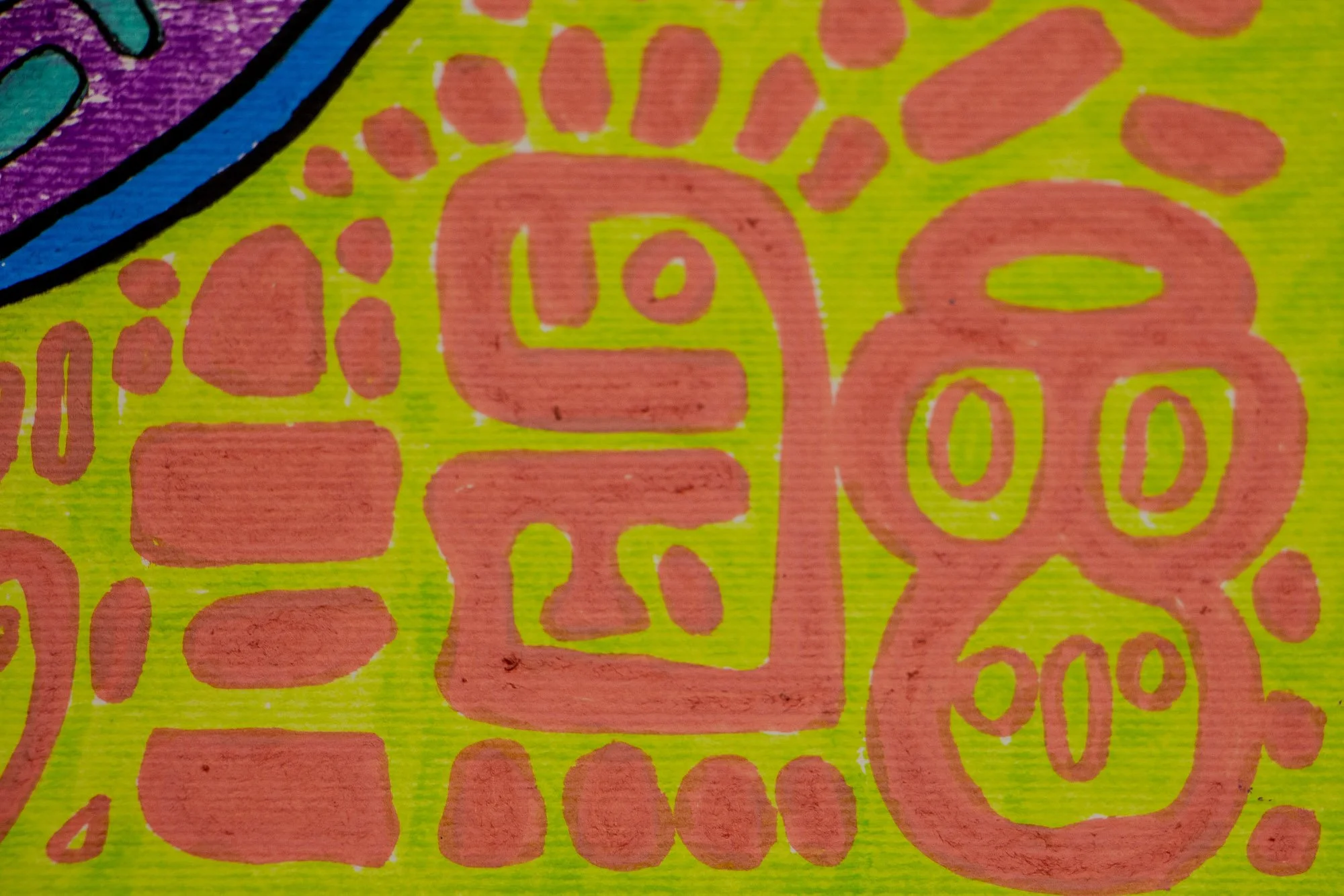 Unseen Signifiers 009 artwork detail: close-up of clustered pink symbols on the lime-yellow ground, with rounded face-like and linear motifs arranged beside the blue outer contour.