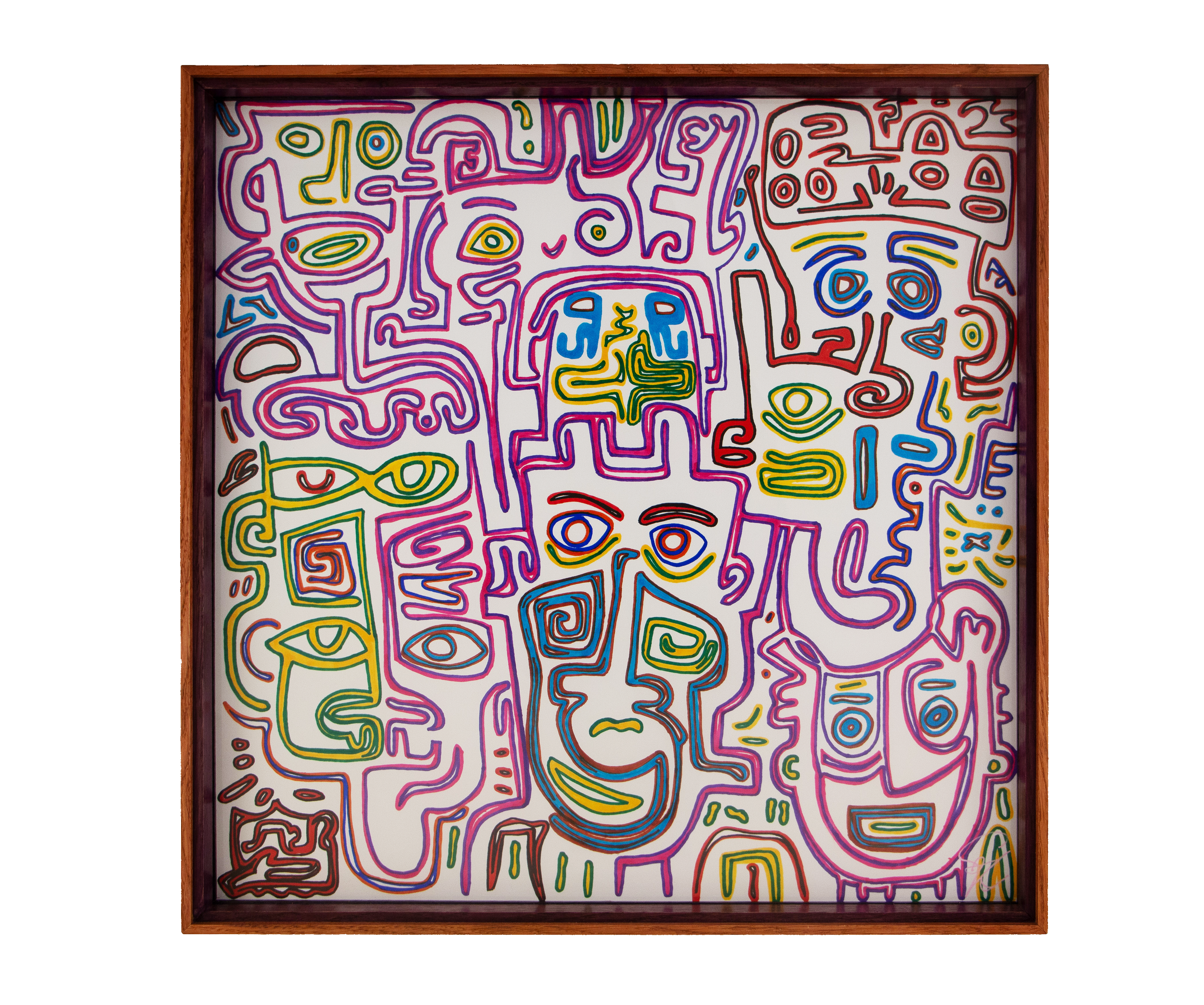 Eclipsing Gravitas 003; multicolored line drawing on white paper; layered oak-and-mahogany frame with warm pink-orange tones and a deep purple inner accent.