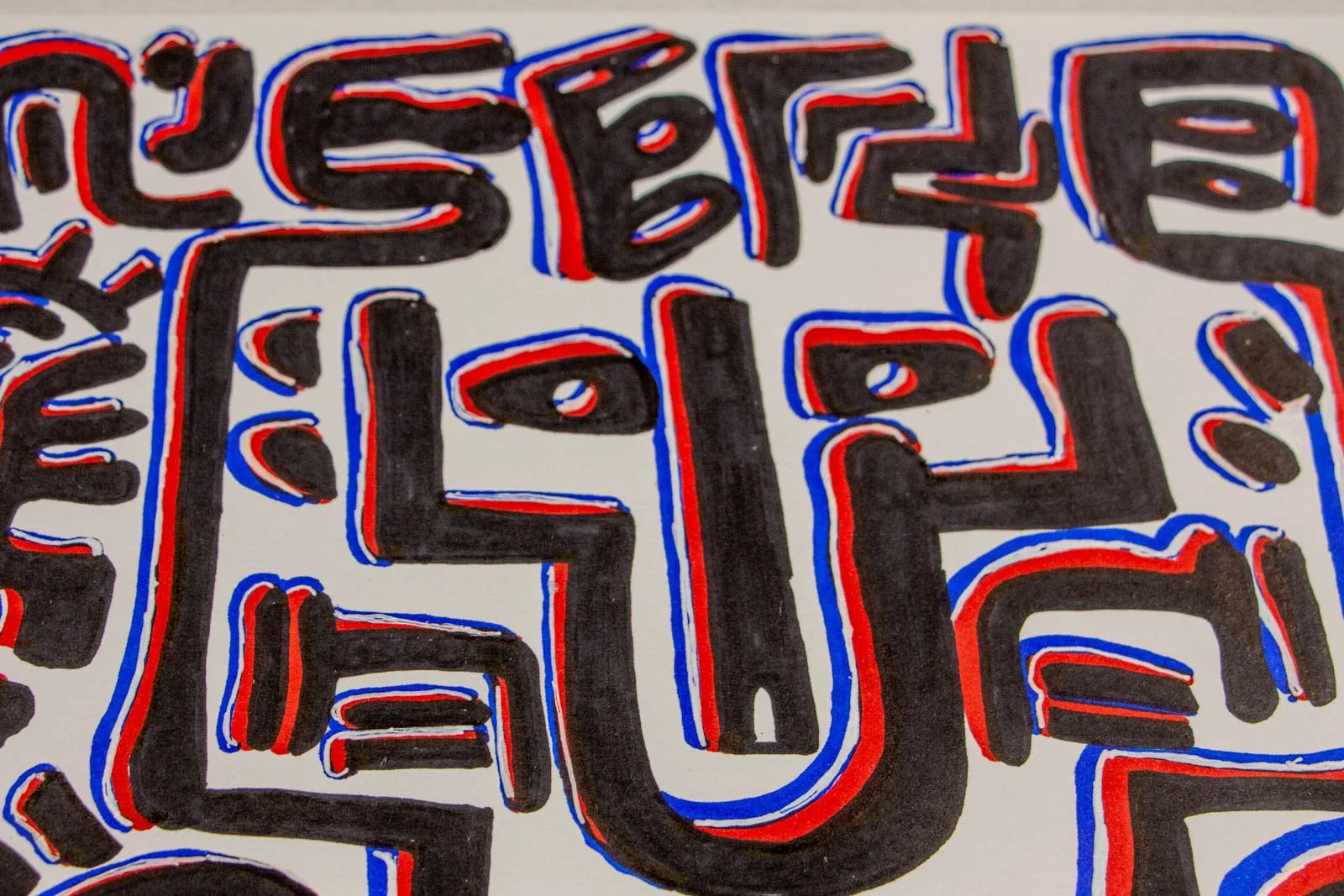 Flux Impromptu 001 detail: twin ovals, calm inner cell inside a broad U-shape; crisp red and blue outlines shadow the line