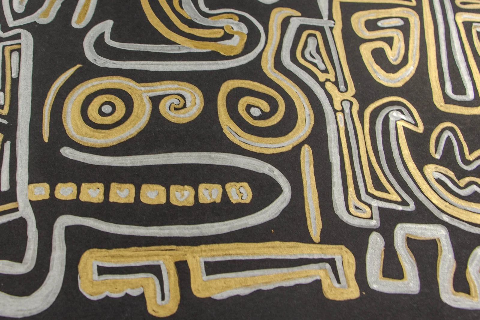 Golden Nostalgia 004 detail: spirals and ovals, elliptical mouth with dotted “teeth” and looping linework