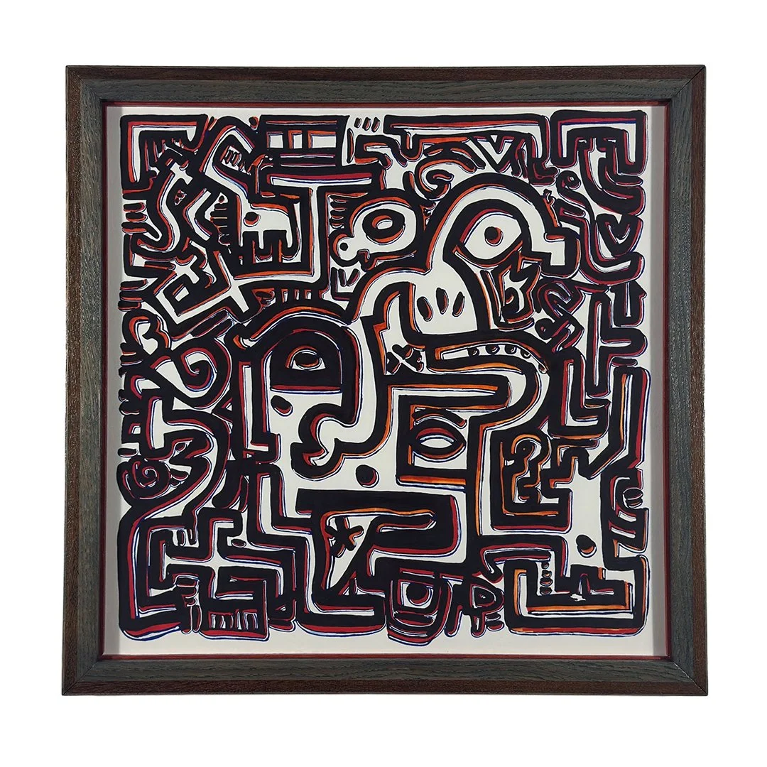 Artwork 003: Interwoven figures and paths—ringed eyes and a curved snout shape—black contours with red/blue after-image effect; floating mount in an oak–mahogany–beech frame with Granada-red liner. Borderlines Labyrinth by Stefan Knuist | Variété.ist