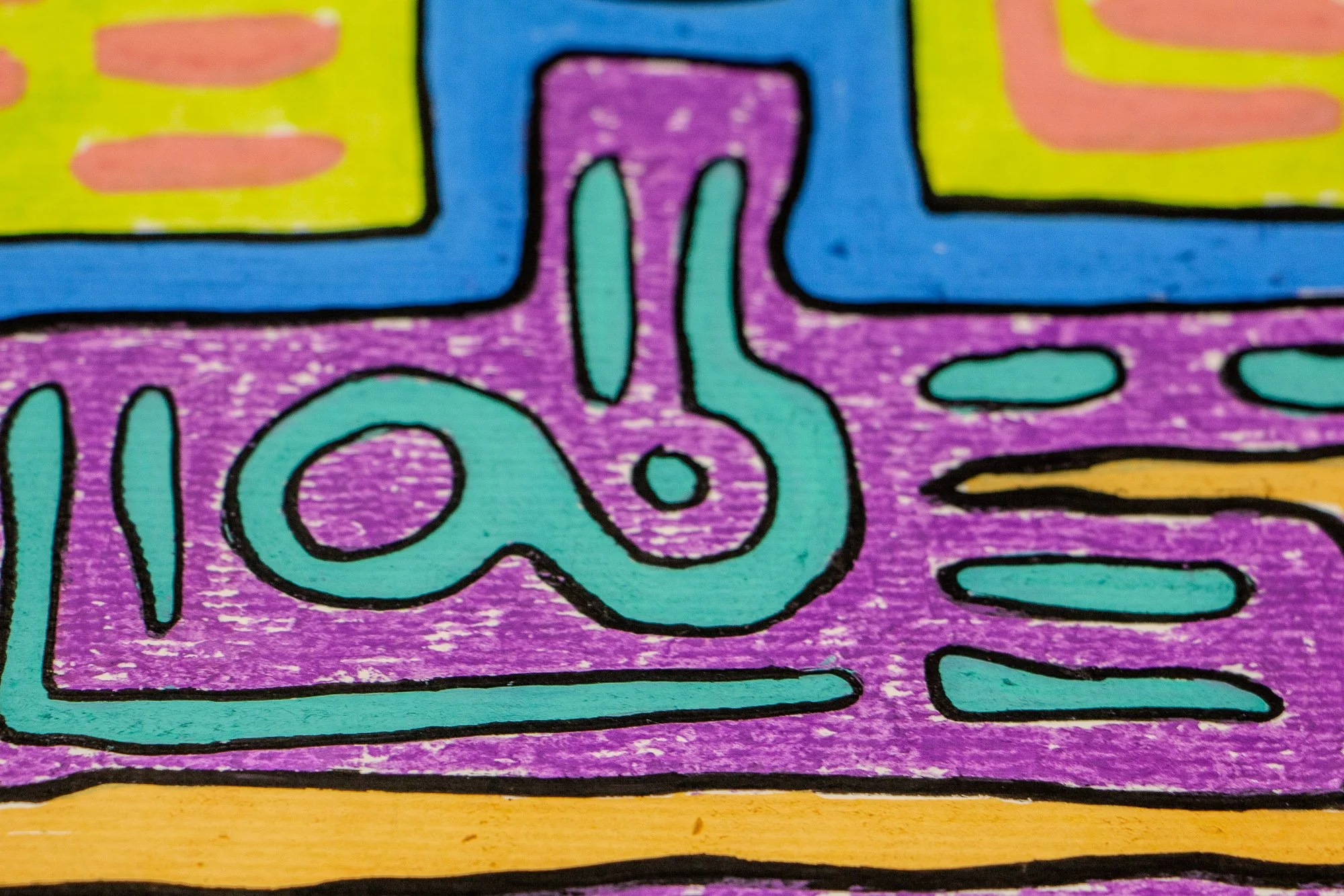 Unseen Signifiers 009 artwork detail: macro close-up of turquoise linework within the purple field beneath the blue upper contour, intersected by a horizontal gold band.