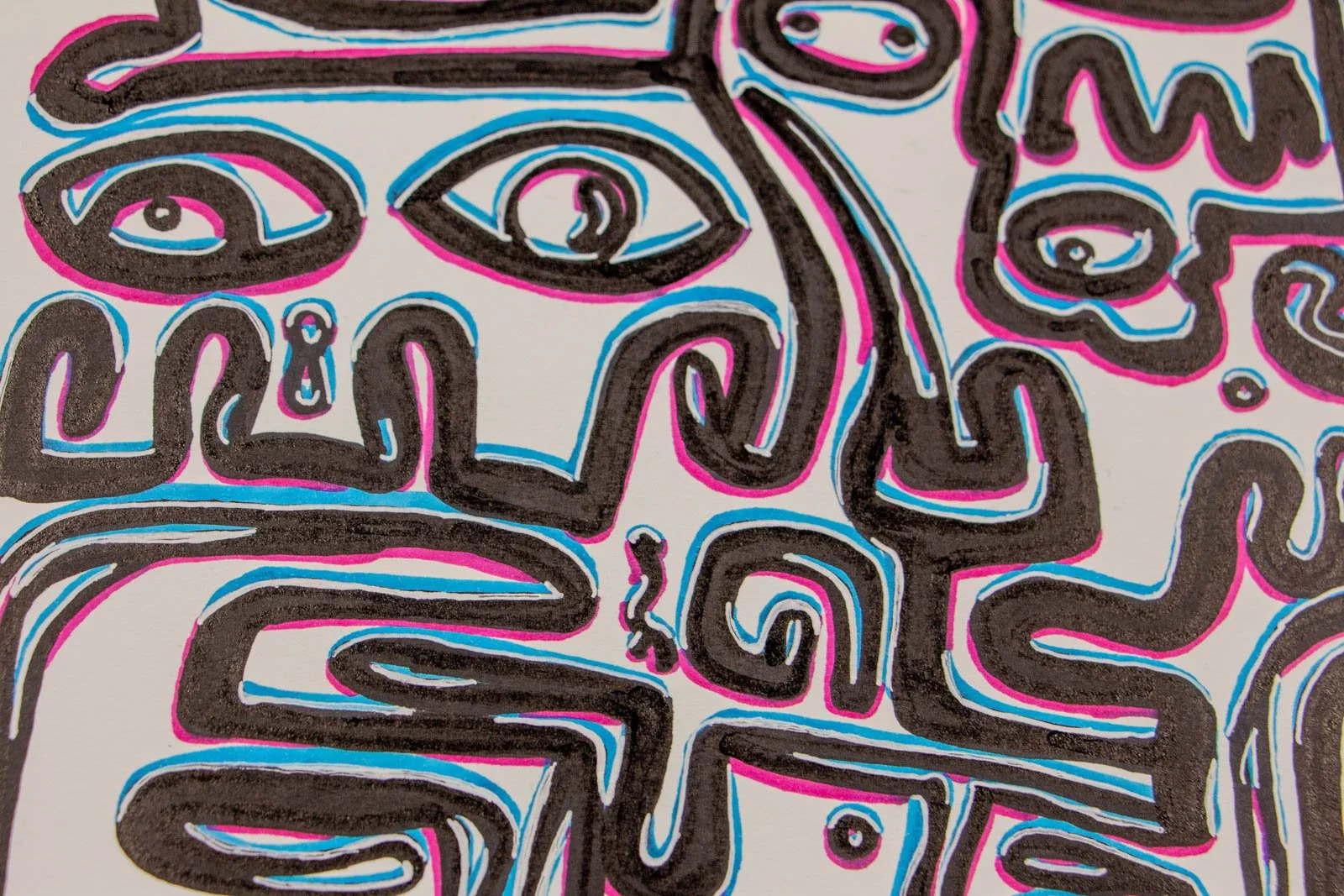 Silence’s Caesura 003 detail: crossing arc lines with small double dots; a central wavy lip/scroll figure that links the forms