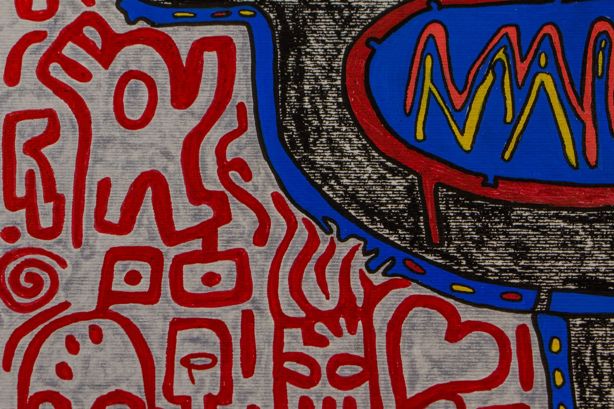 Unseen Signifiers 003 detail: lower-left section of the composition, with red symbols and figures set against the pale ground beside the black facial contour and the blue mouth form.