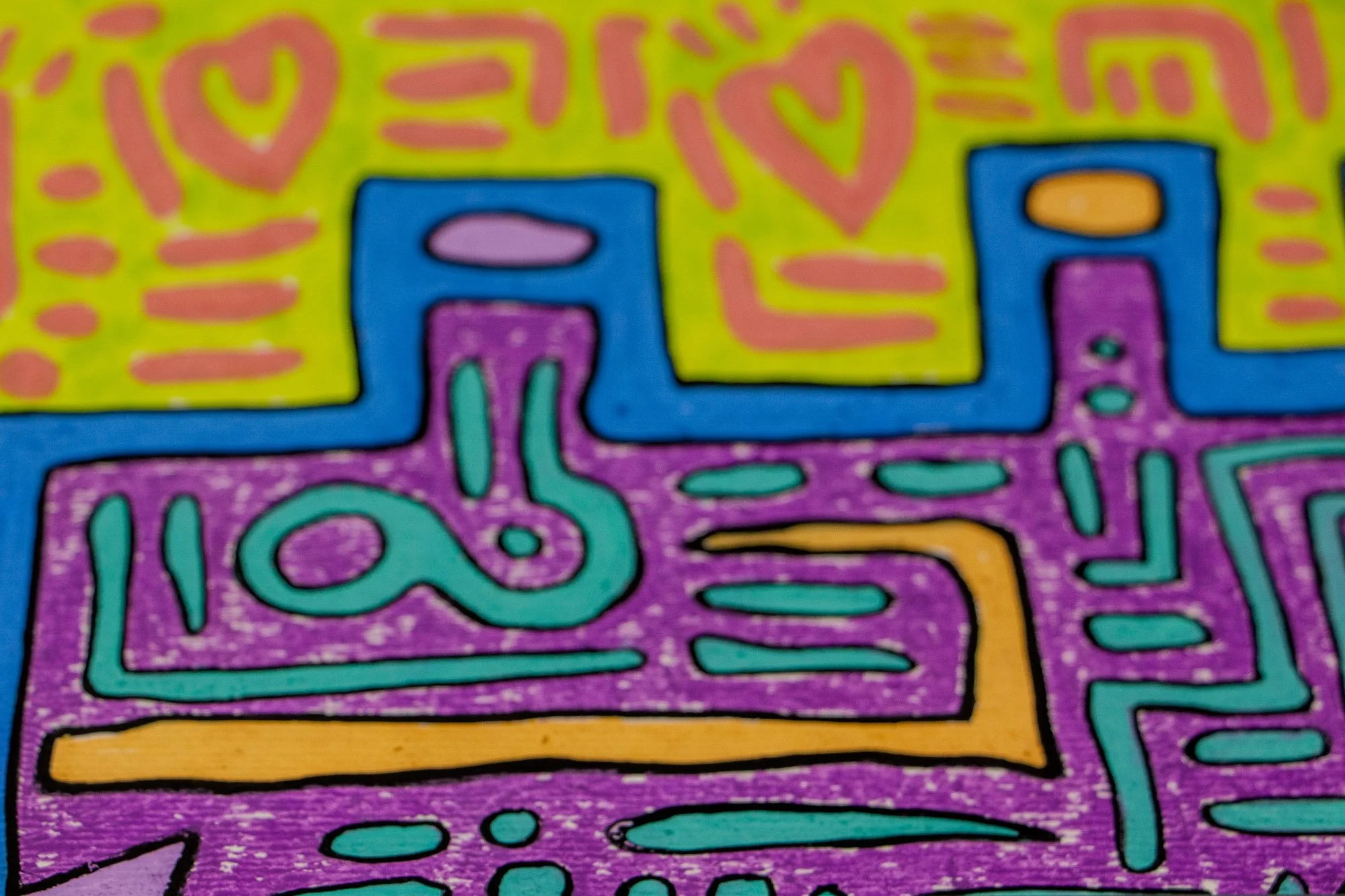 Unseen Signifiers 009 artwork detail: upper section close-up showing two pink heart shapes and linear marks on the lime-yellow ground above the blue stepped contour and purple interior.
