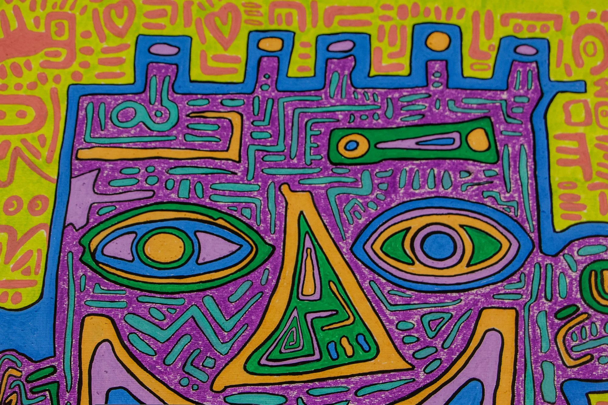 Unseen Signifiers 009 artwork detail: near-full view of the face-like composition, with a vivid purple central field, blue contour, lime-yellow ground, and pink linear signs around the figure.