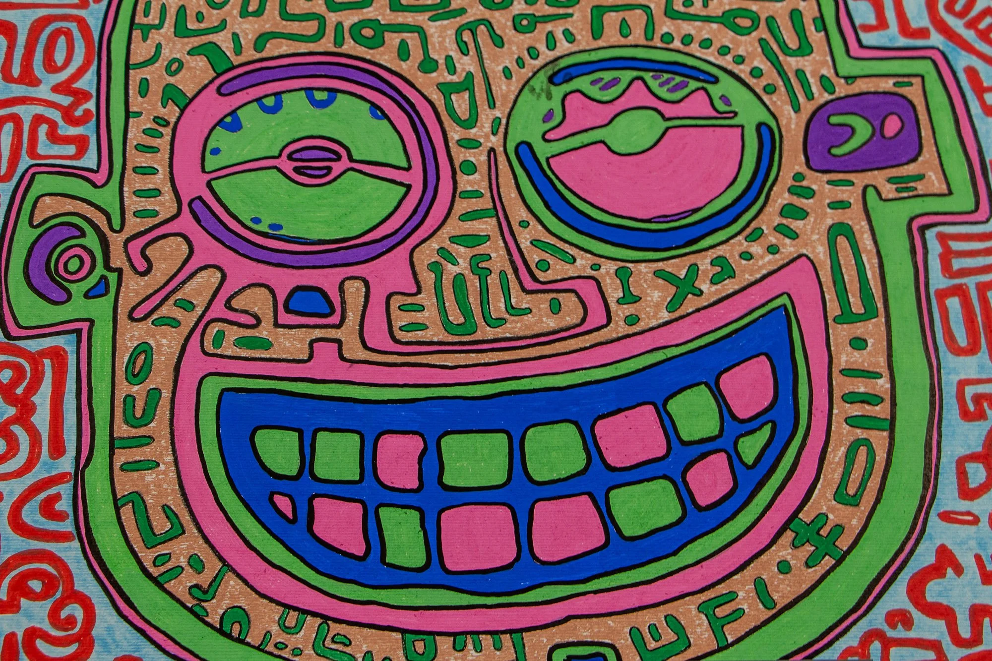 Unseen Signifiers 008 detail: near-full view of a smiling face motif with green and pink features on a warm beige field, surrounded by red and blue symbolic forms.