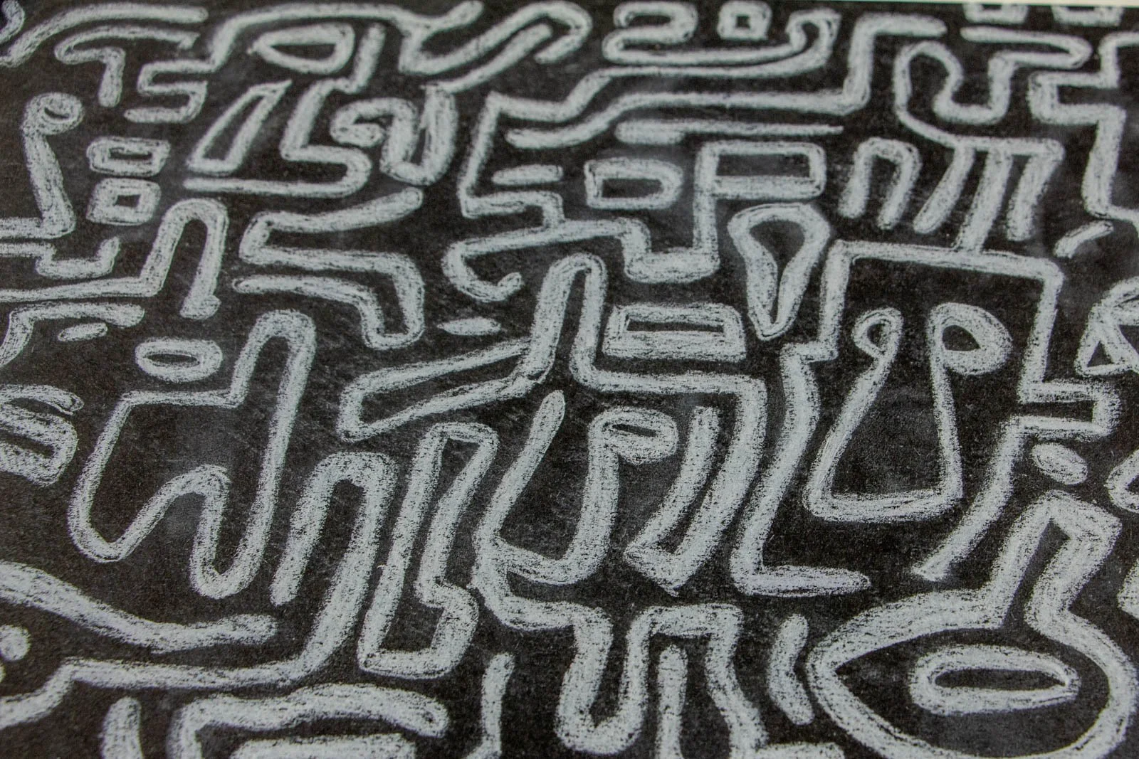 Synaptic Mythos 004 detail: zig-zag corridor, switchbacks and tight cells; crisp line over velvety black stock