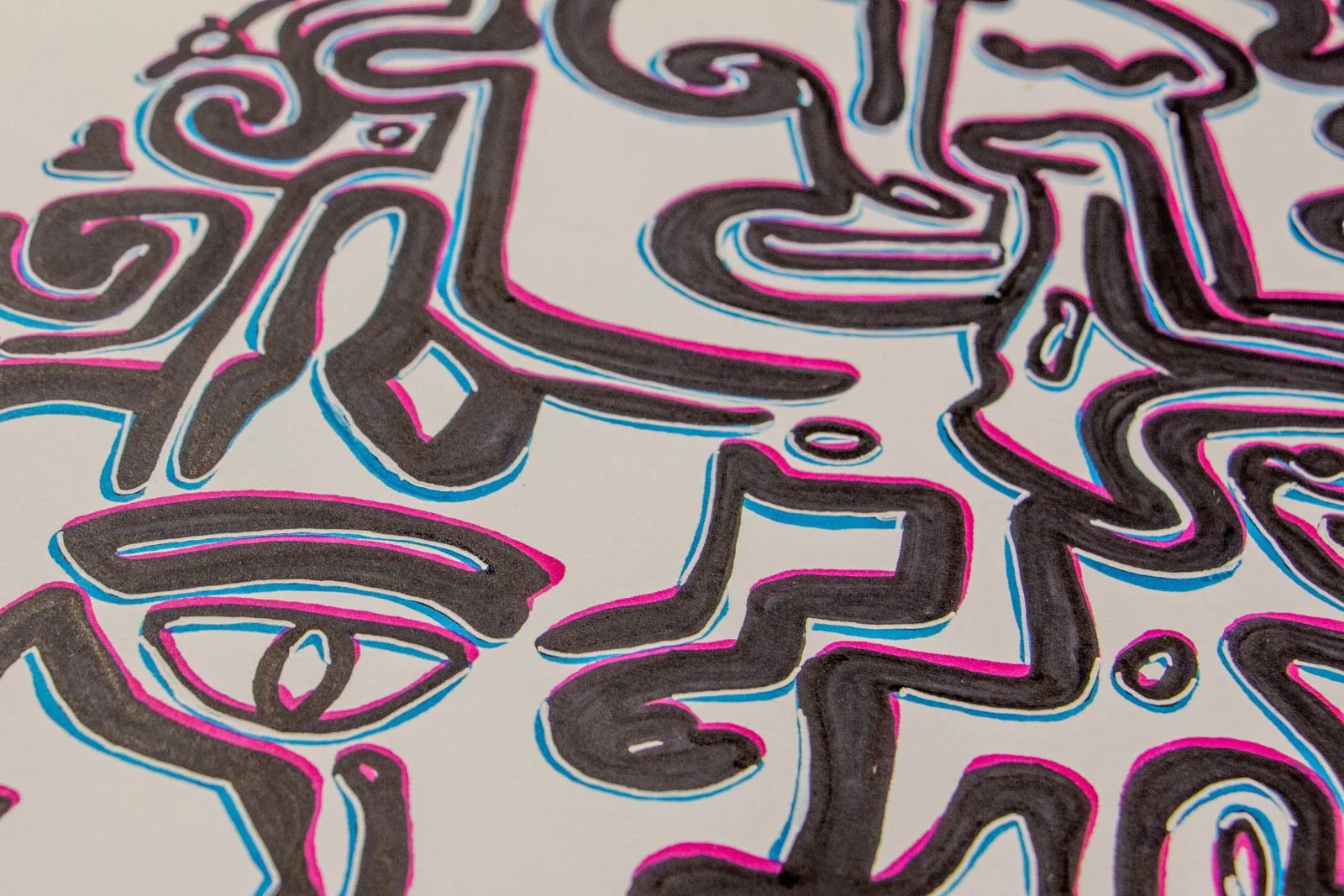 Silence’s Caesura 001 detail: field of signs, oval eyes, bent elbows, and a small star-mark; broken steps and dots with pink/blue echoes